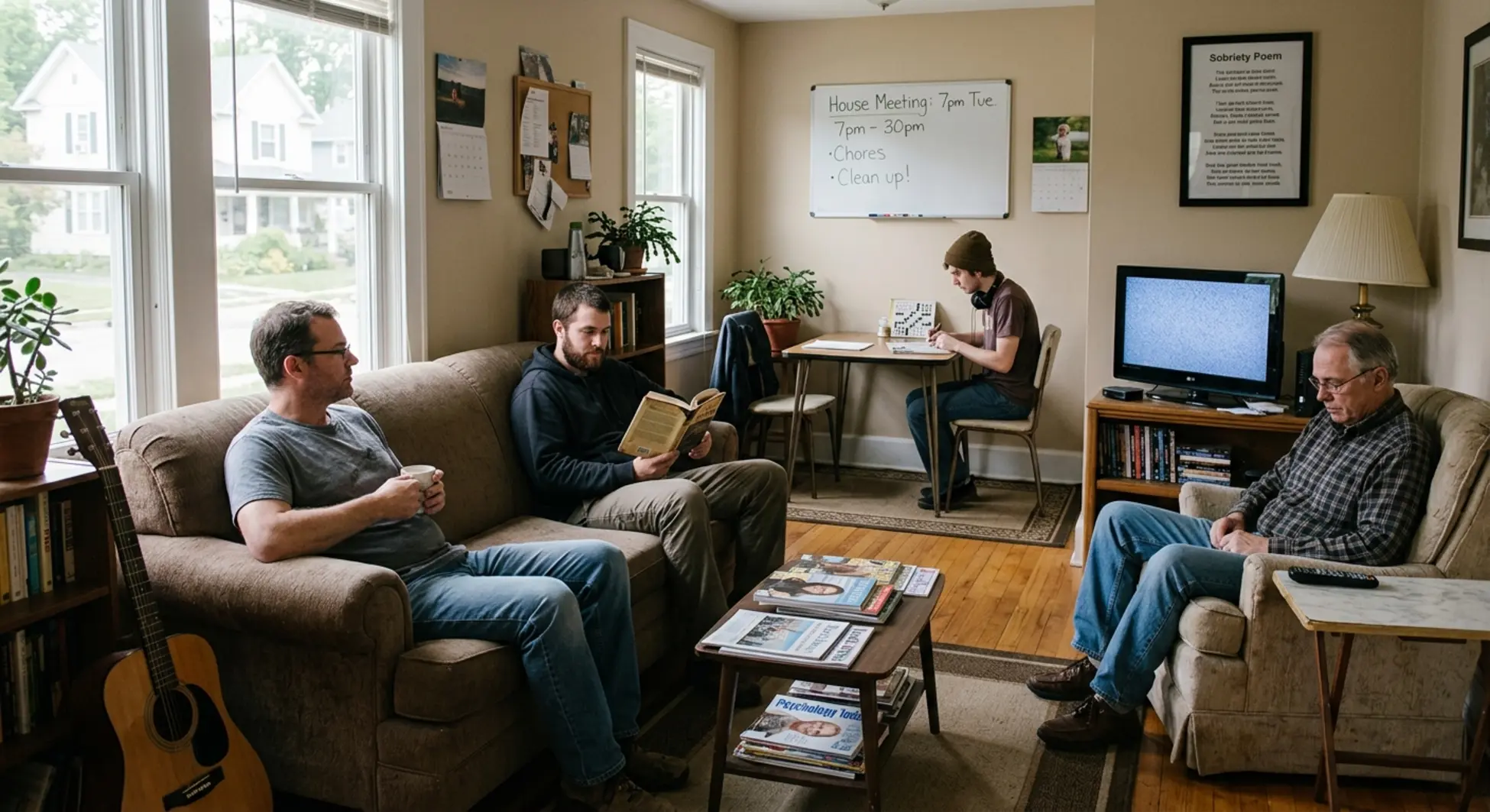 Sober living home common area with residents in recovery