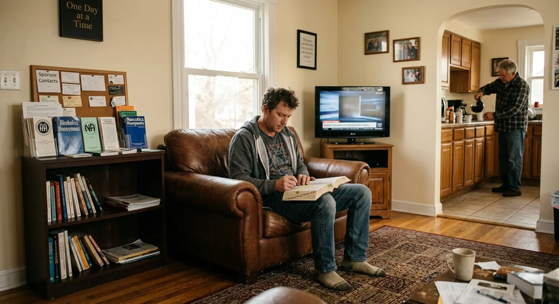 Resident studying recovery materials in sober living house common room