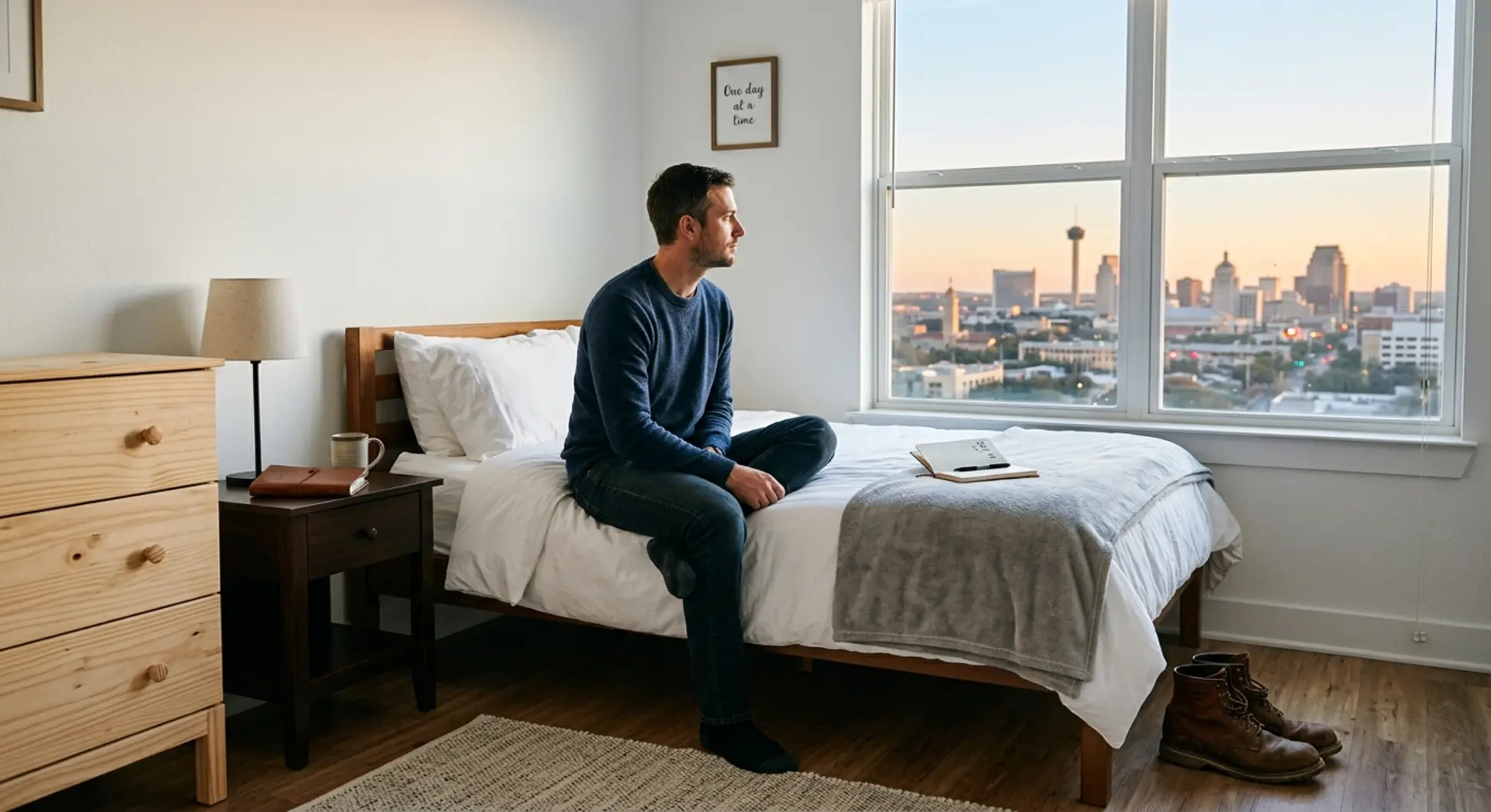 Man in sober living bedroom looking toward San Antonio skyline, representing recovery housing