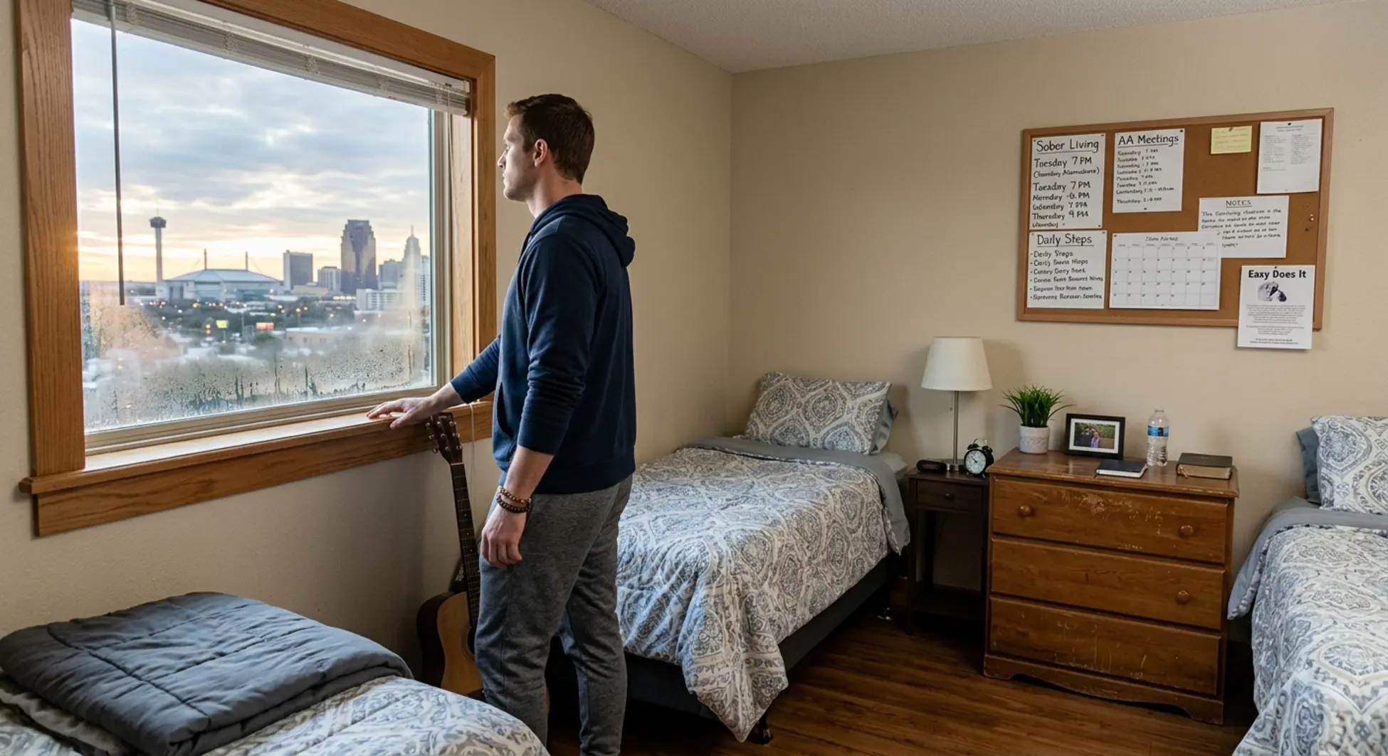 Man looking out window in San Antonio sober living house bedroom with recovery materials visible