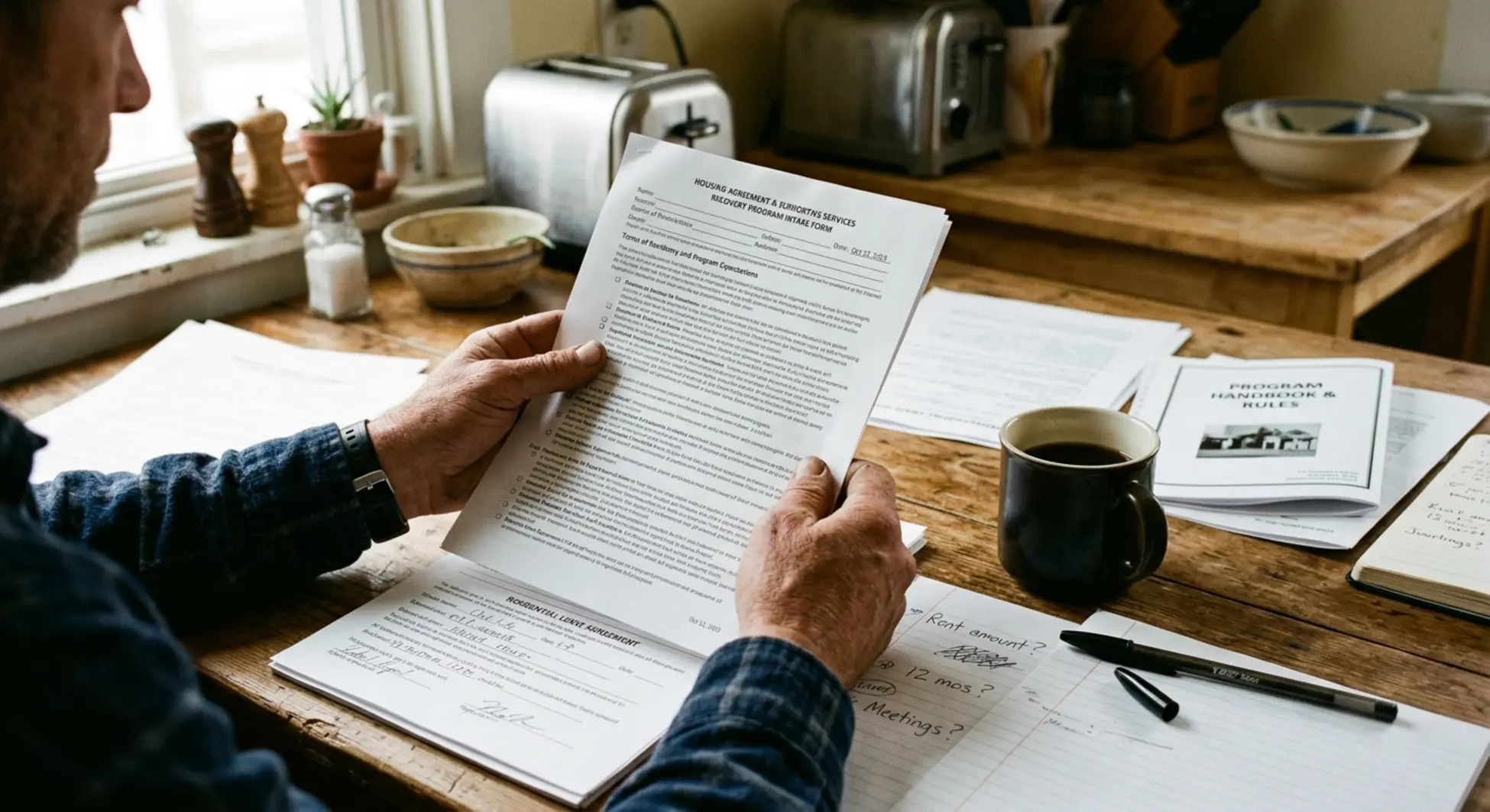 Man reviewing sober living housing agreement and recovery program documents
