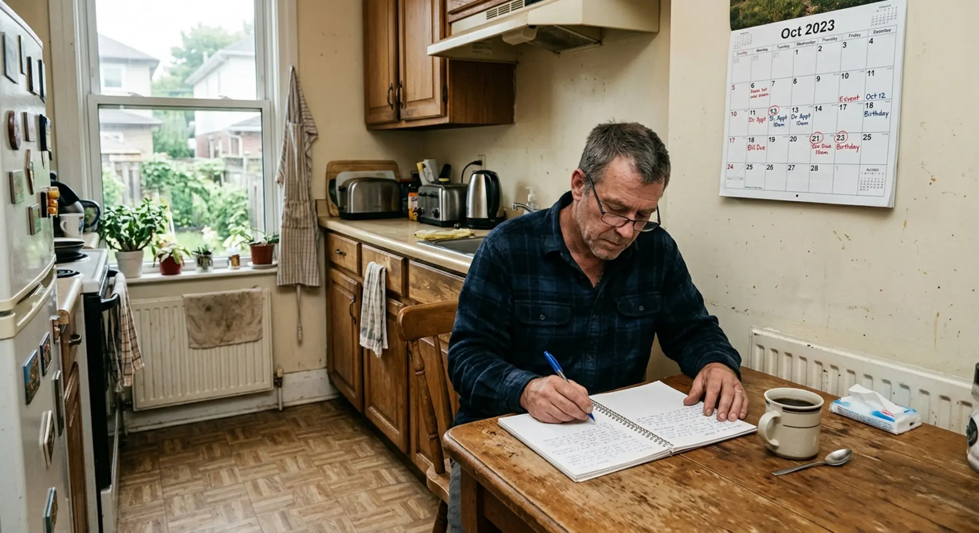 Man journaling at kitchen table in recovery home, daily accountability