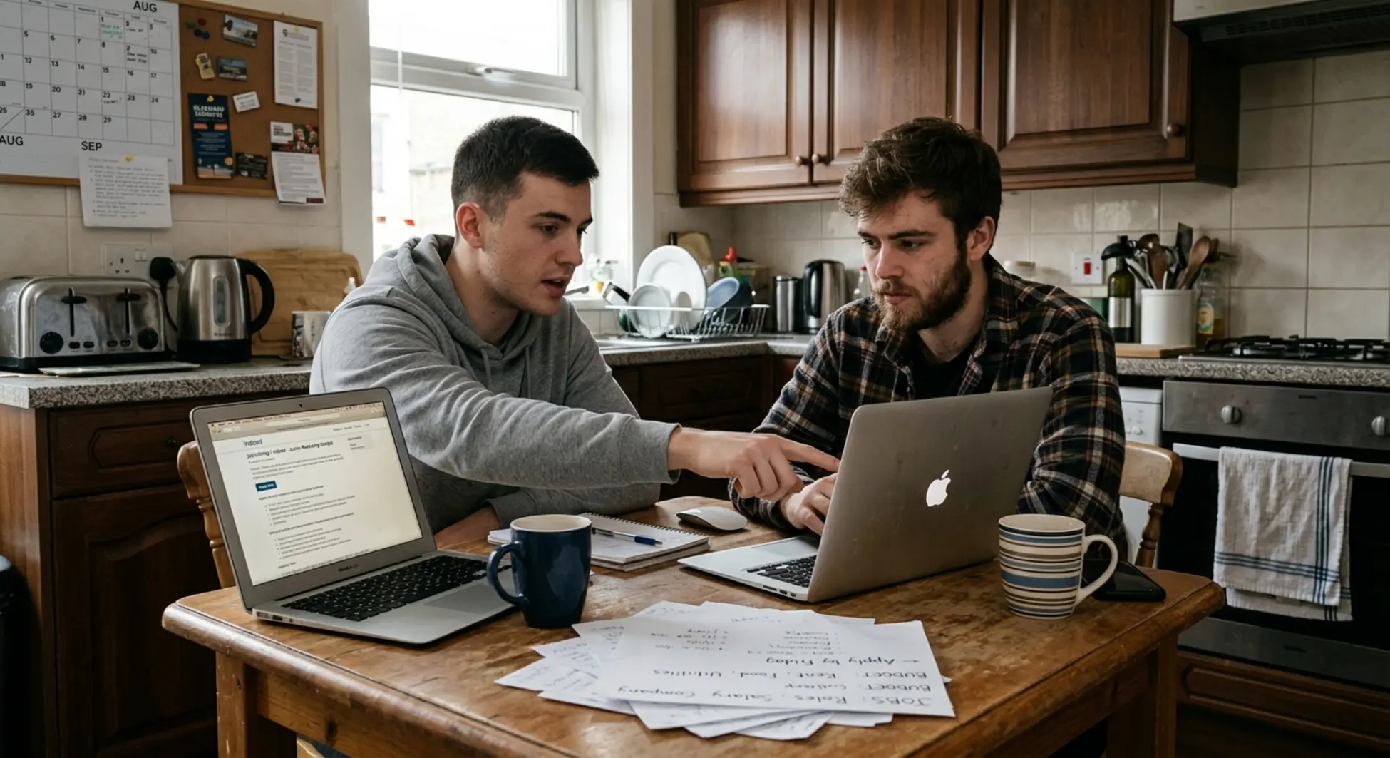 Young men reviewing job opportunities and financial planning at sober living house