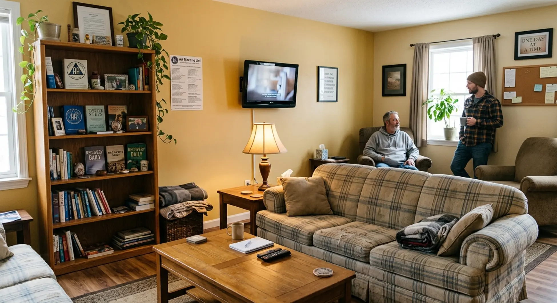 Shared living room in sober living home with residents in recovery community