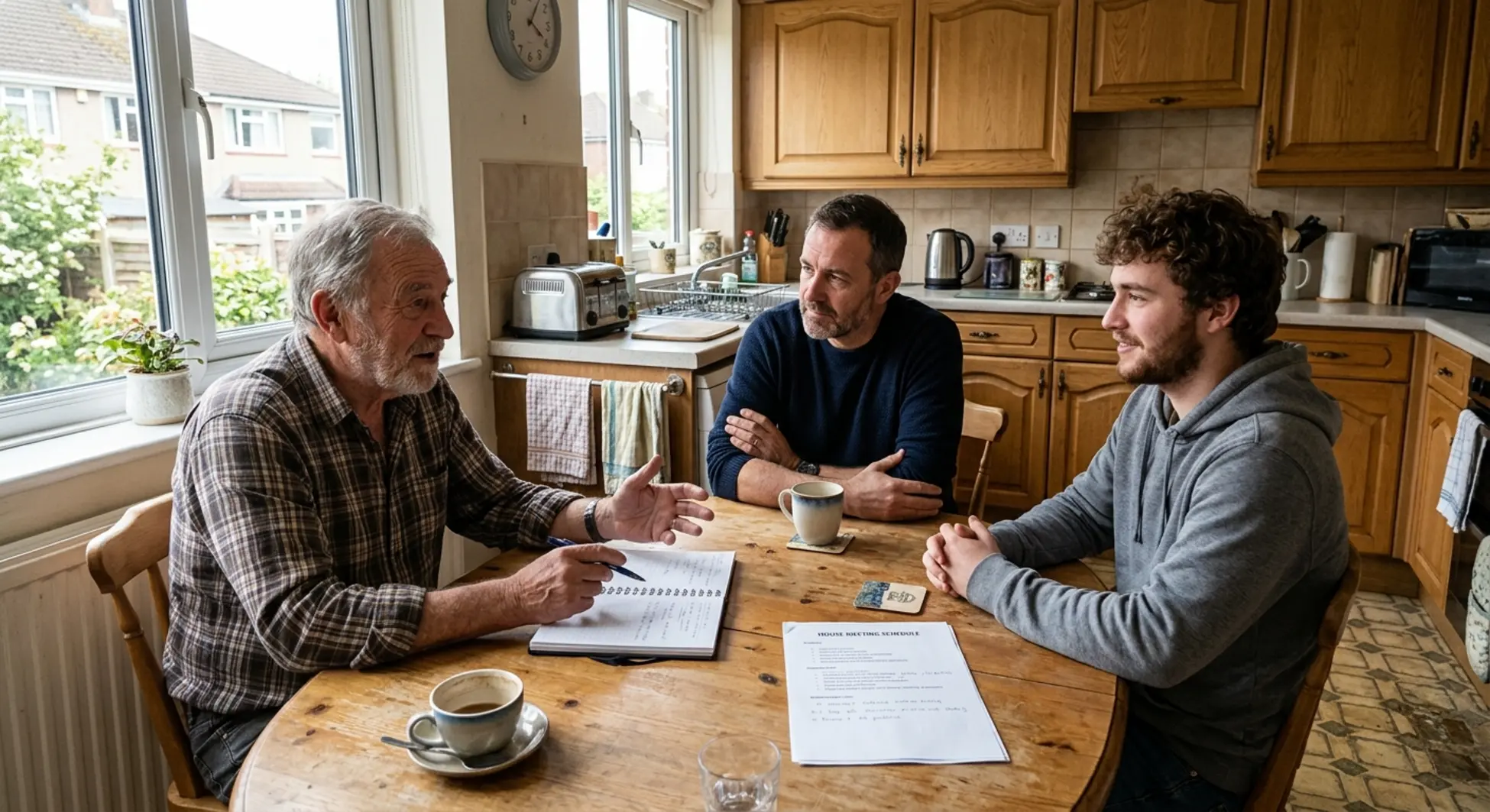 Men in sober living home participating in structured house meeting