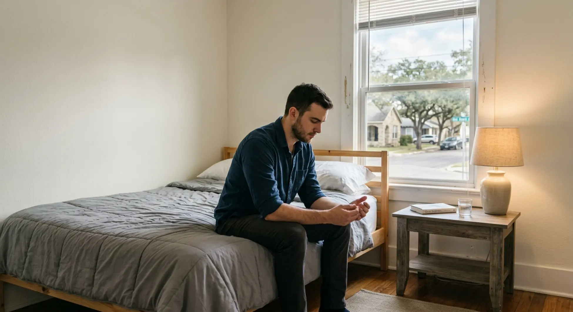 Man in recovery bedroom contemplating sober living housing decision in San Antonio