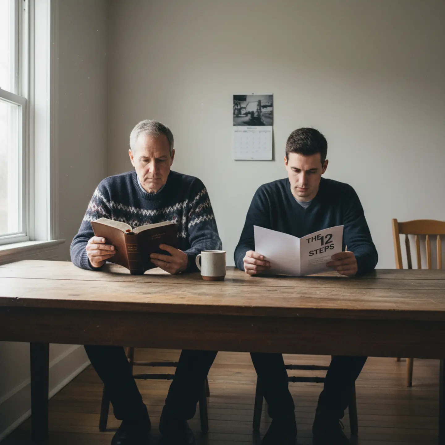 Two men at a table reviewing faith-based and 12-step recovery materials during a sober living discussion
