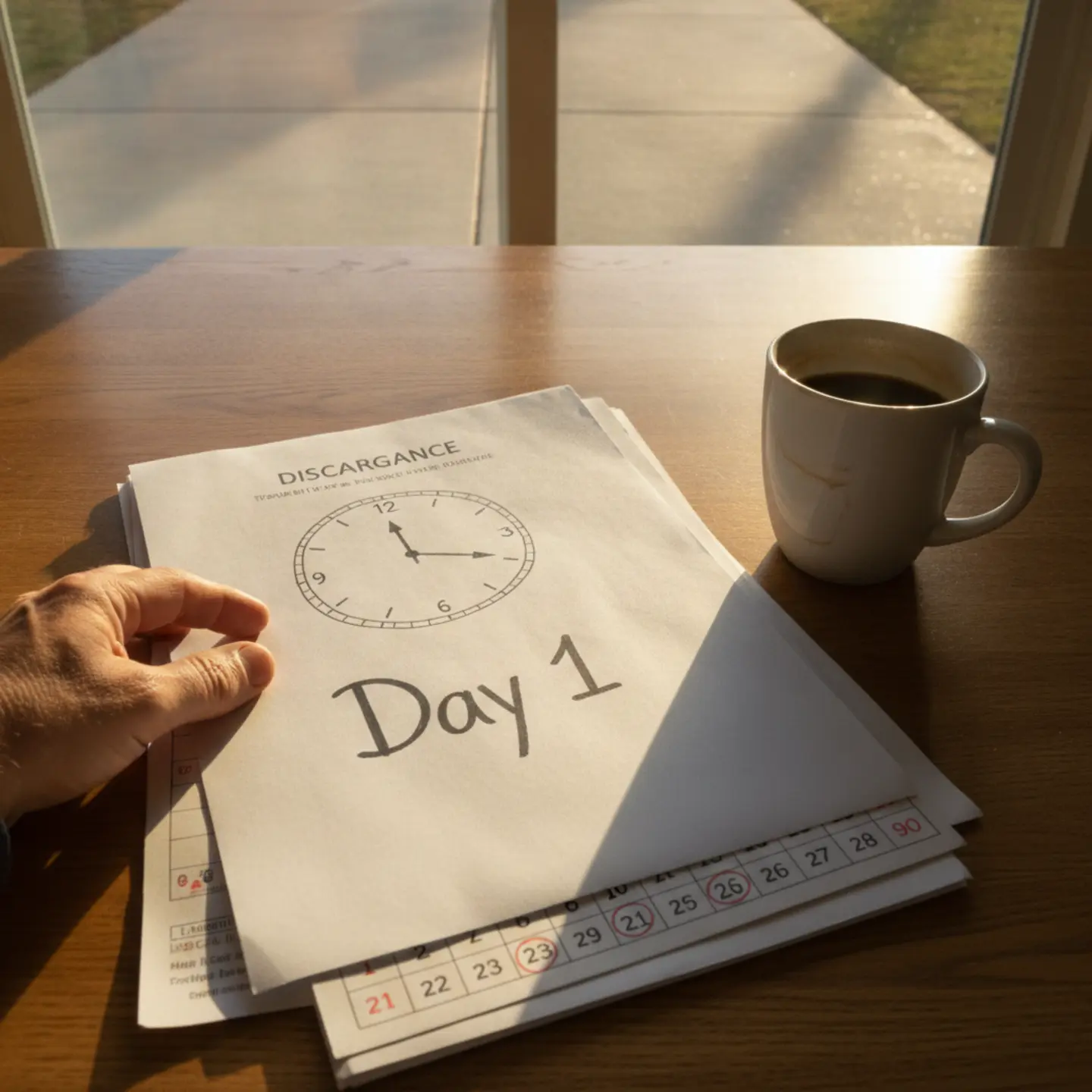 90-day post-rehab discharge calendar and paperwork on kitchen table