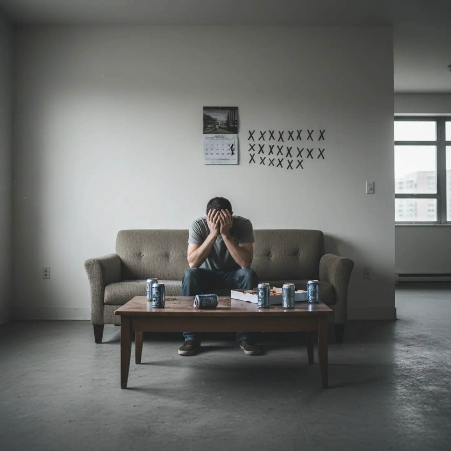 Man struggling alone after rehab, showing relapse risk without support