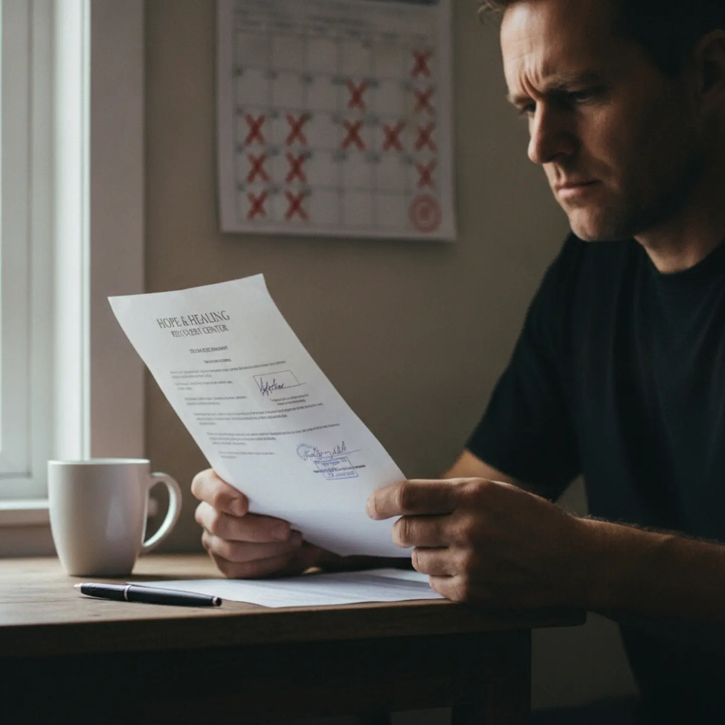 Man reviewing treatment discharge papers and recovery timeline after rehab