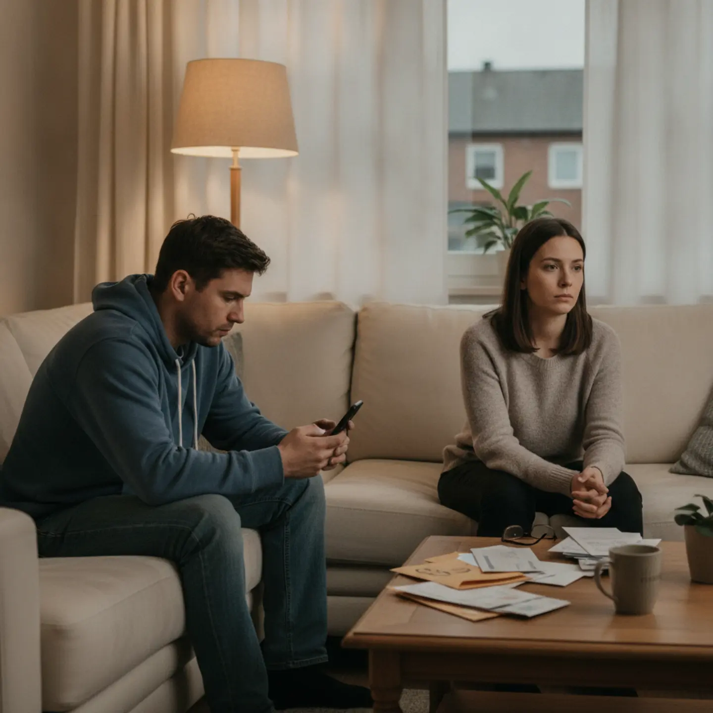Couple sitting apart on couch showing emotional distance and disconnection