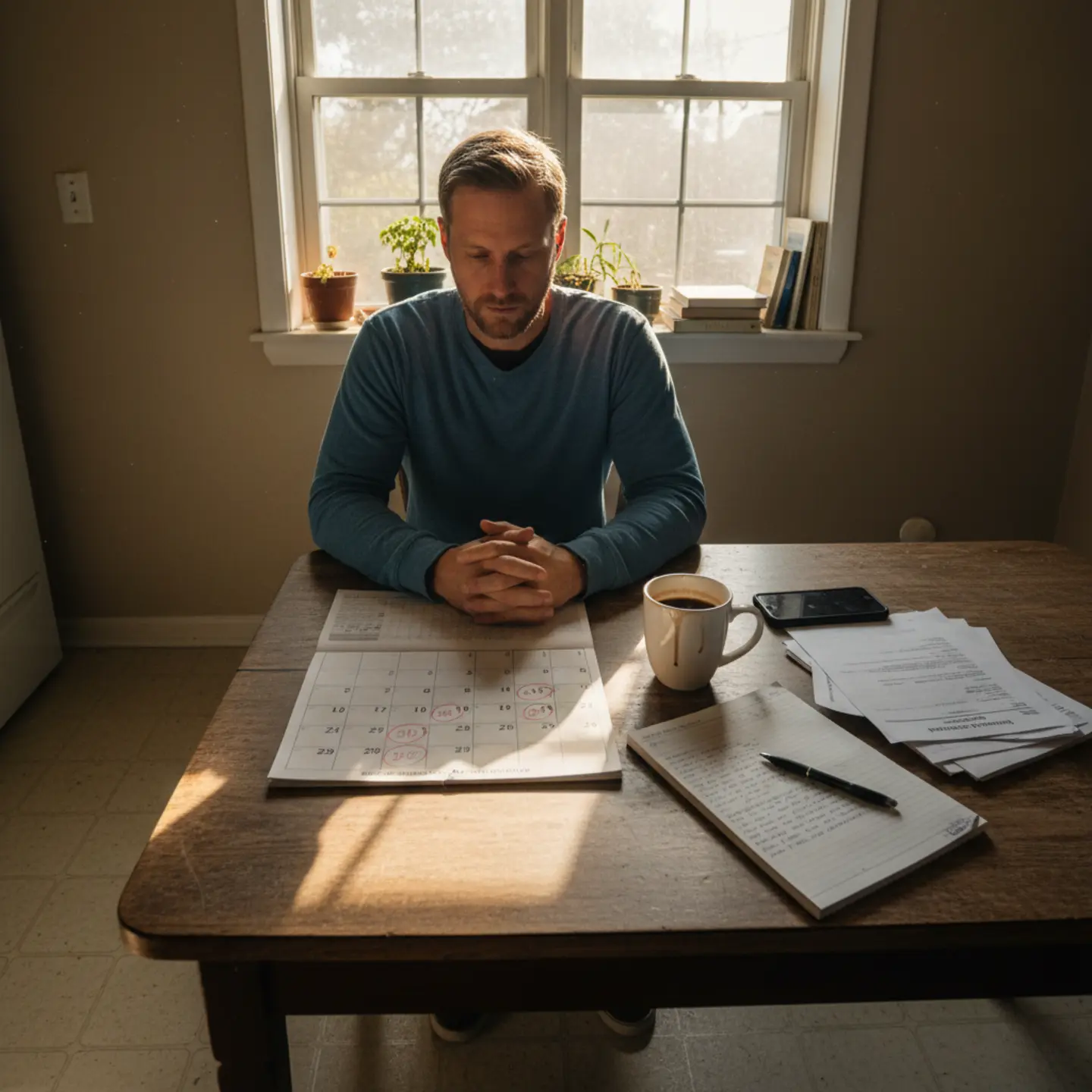 Man reviewing recovery calendar and accountability plan at kitchen table