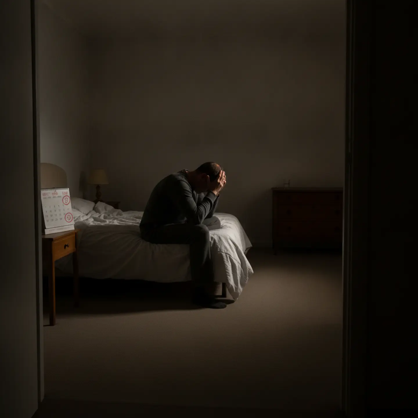 Man struggling with early recovery sitting alone on bed after rehab discharge