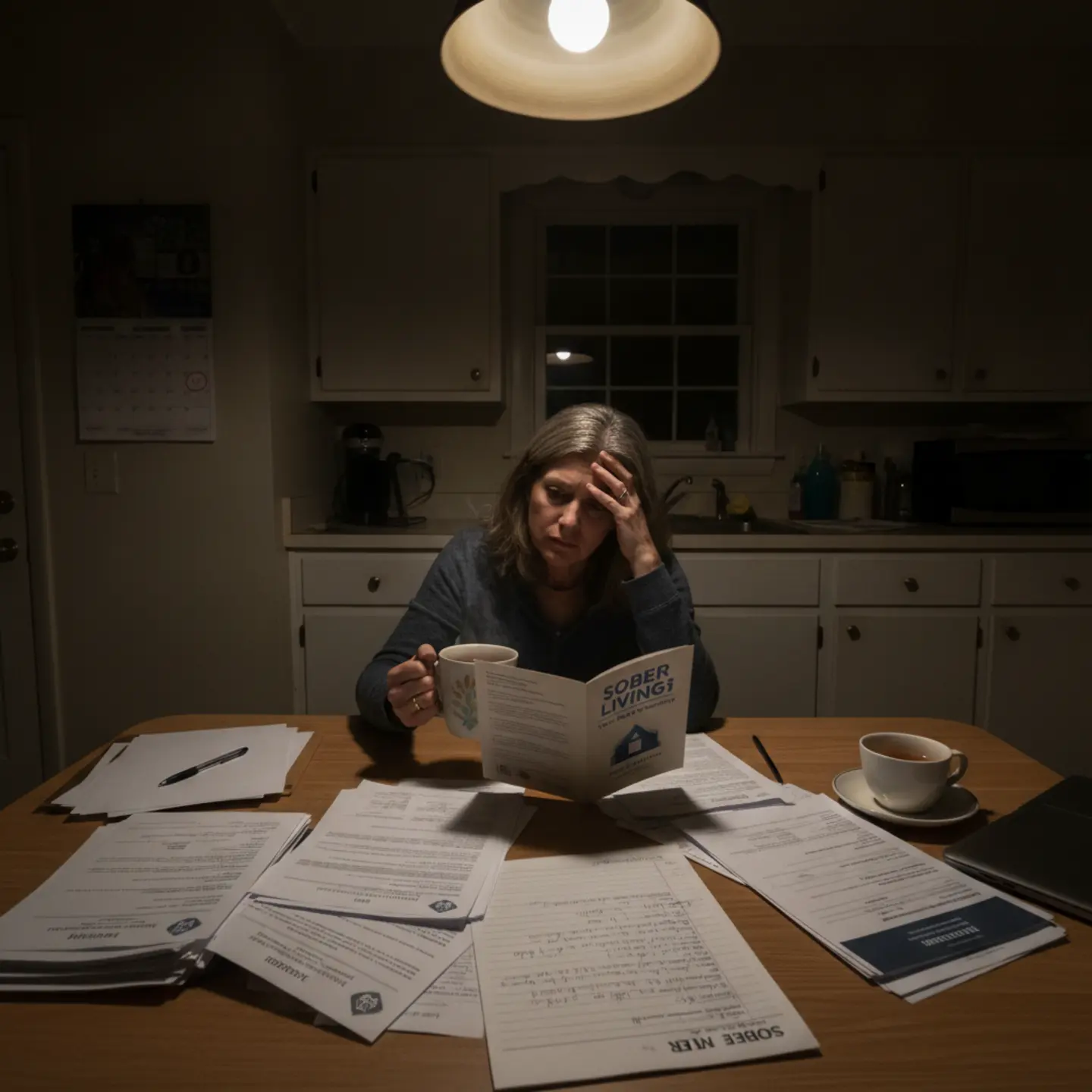 Wife reviewing sober living information at kitchen table, processing recovery options