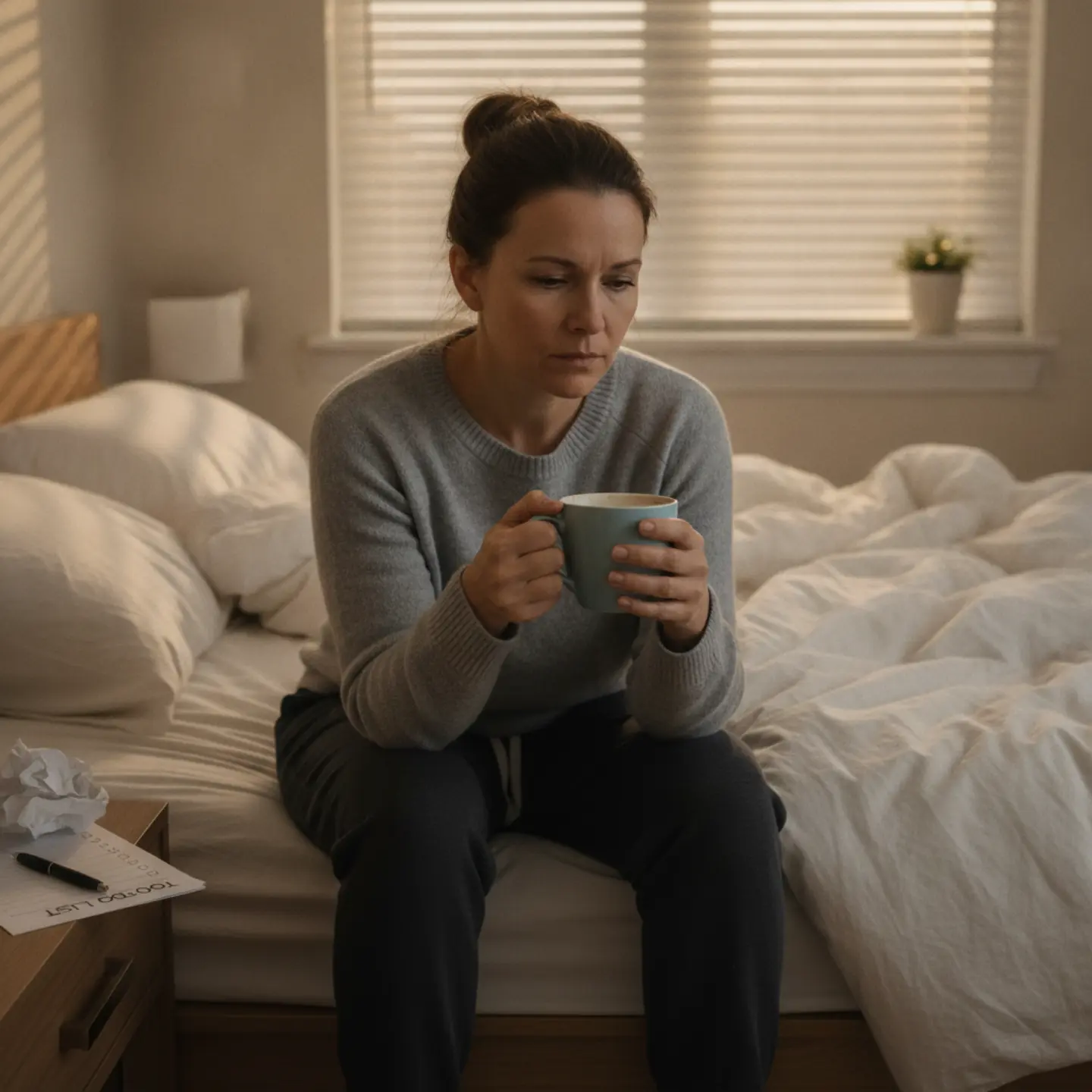 Wife reviewing relapse prevention checklist on bedroom nightstand during early morning