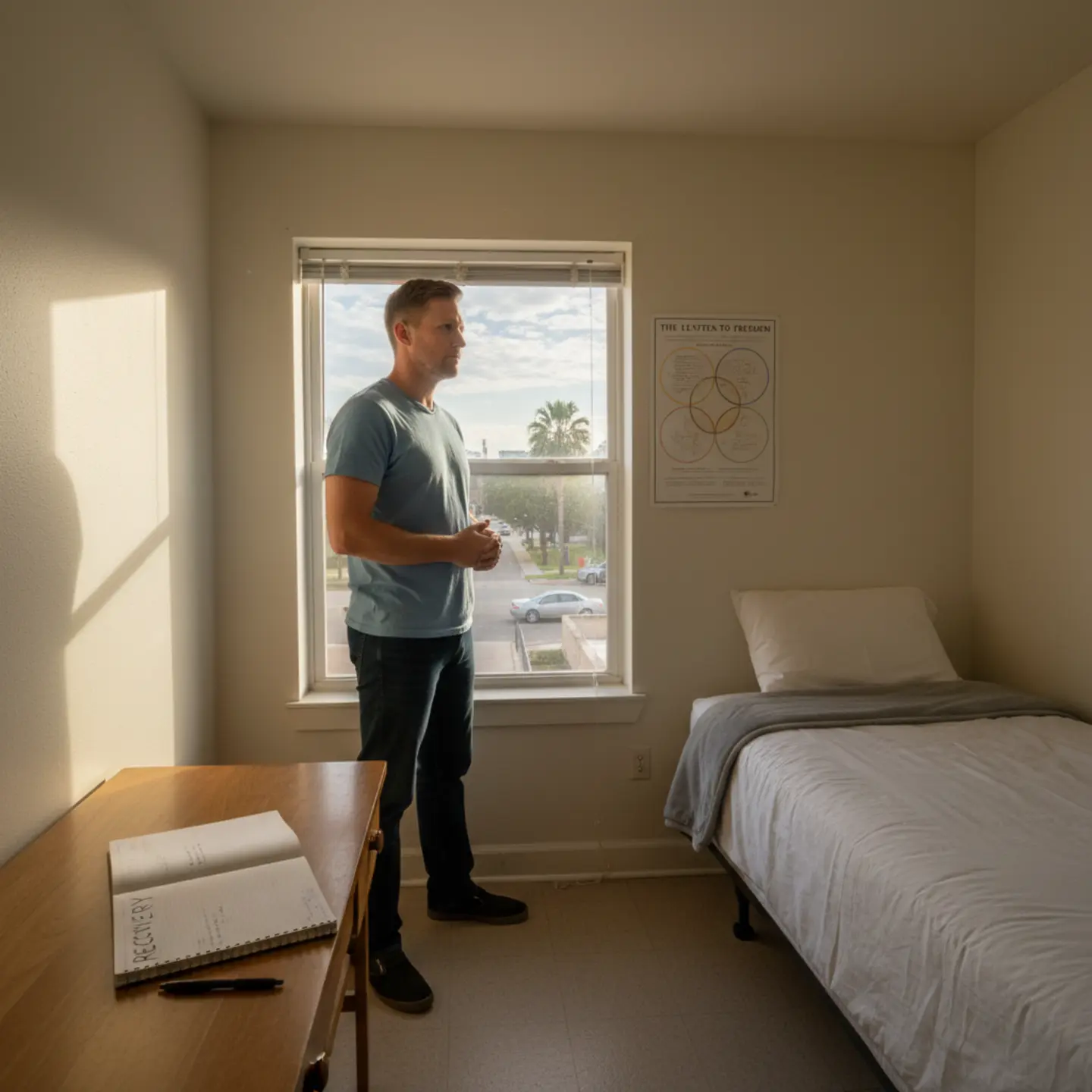 Man in sober living bedroom looking out window, recovery journal on desk