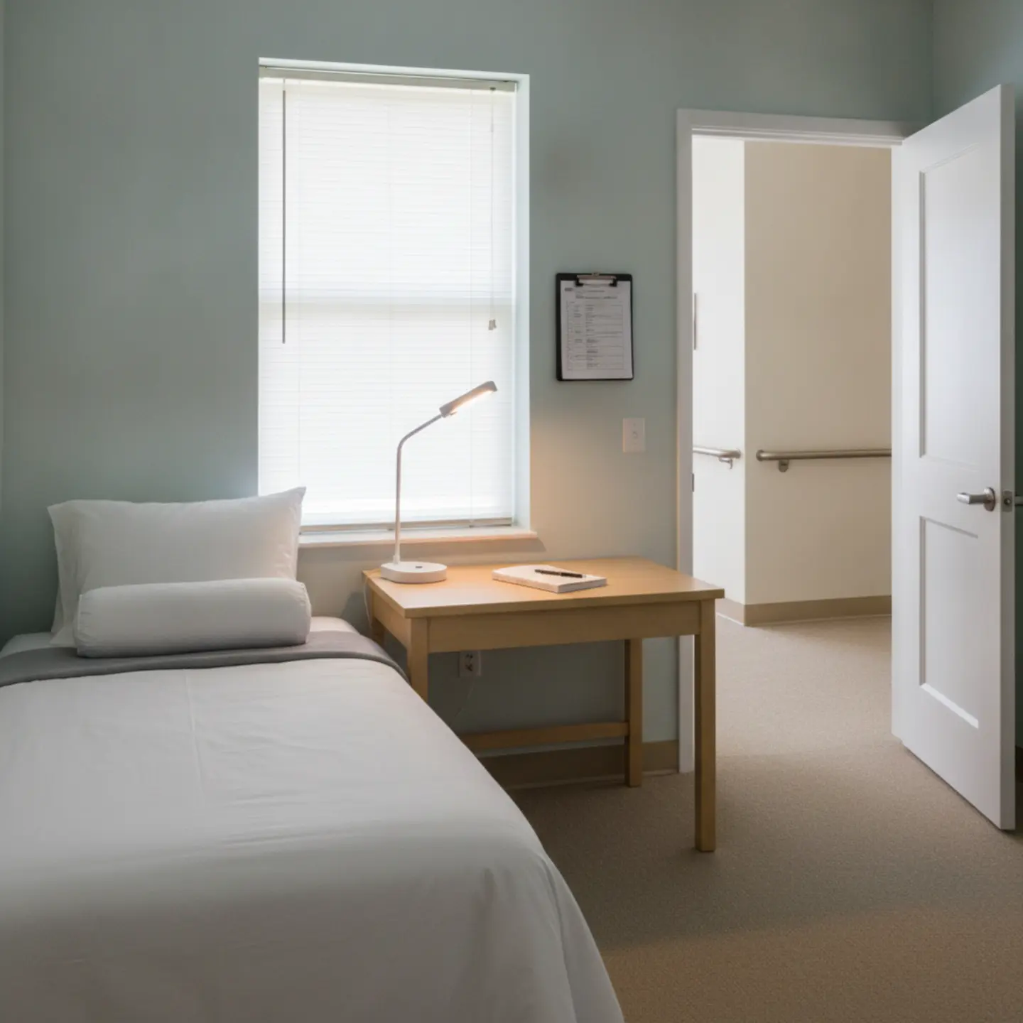 Residential detox bedroom with medical monitoring setup and safety features