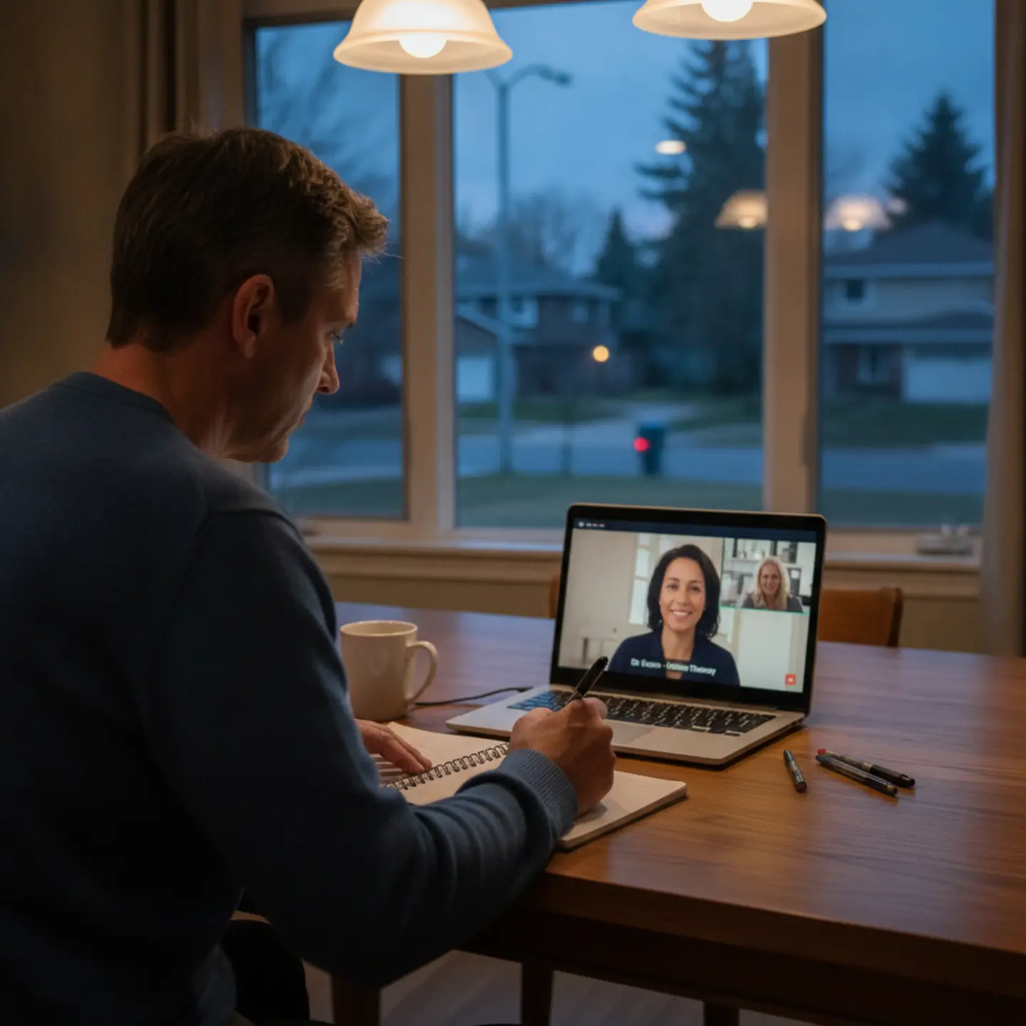 Man attending outpatient rehab counseling session via video call from home