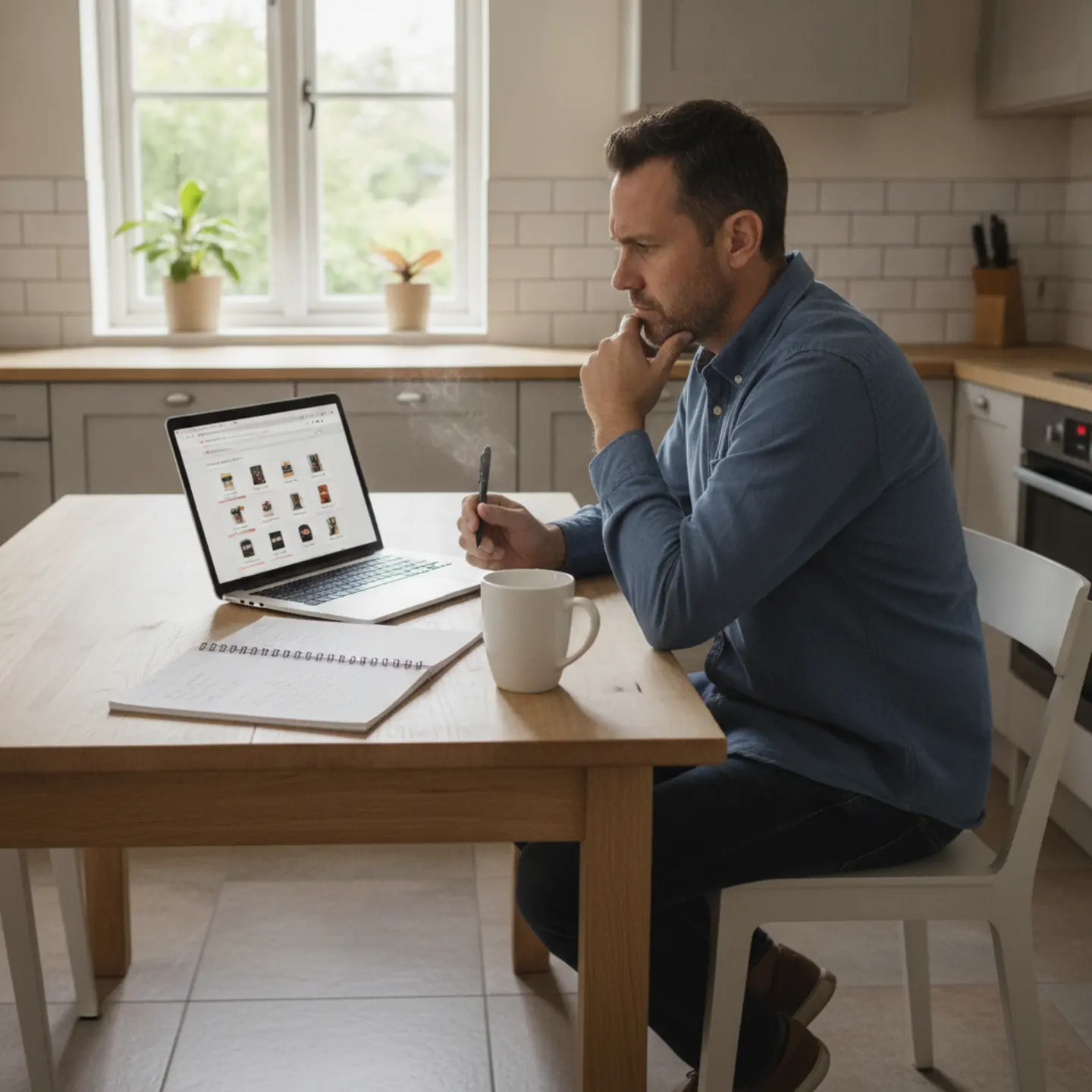 Man researching recovery apps on laptop, taking notes on comparison