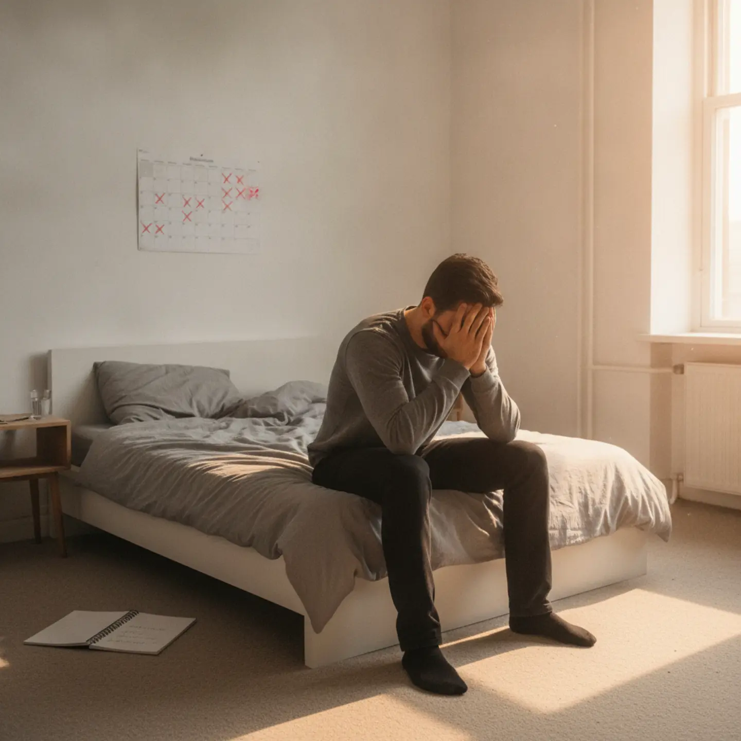 Man in early recovery sitting on bed, marking progress on calendar during critical first days