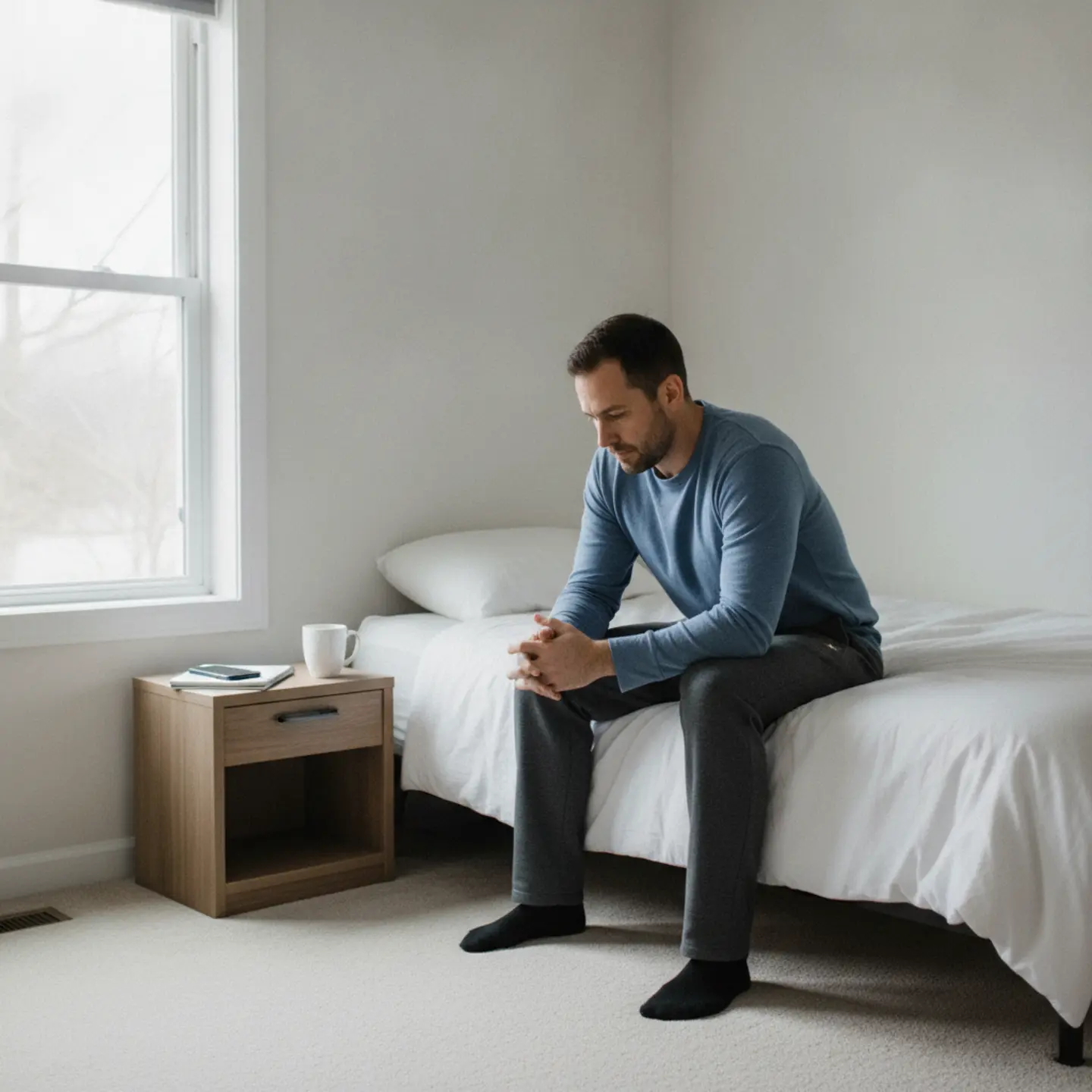 Man in early recovery sitting alone in bedroom, contemplating inpatient vs outpatient rehab options