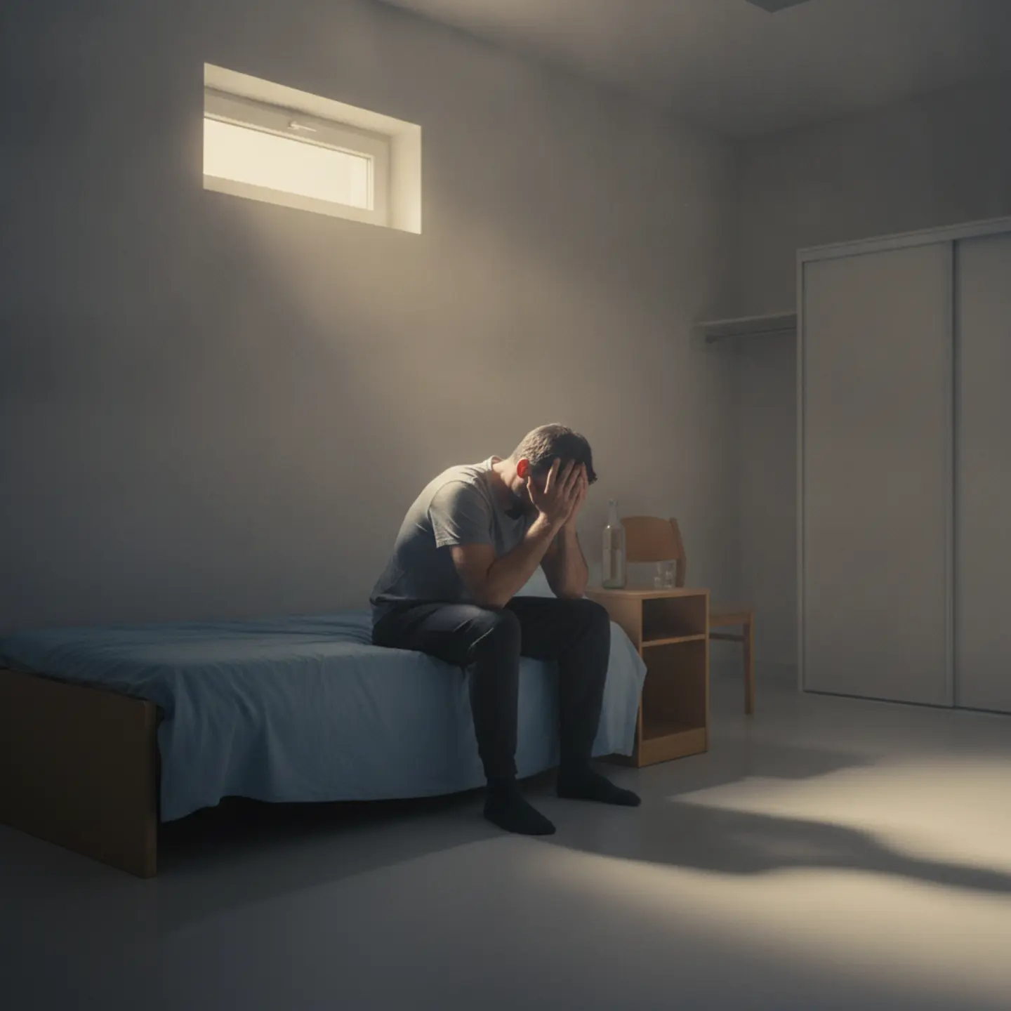 Man sitting on bed in sparse room, facing difficult decision about detox treatment options