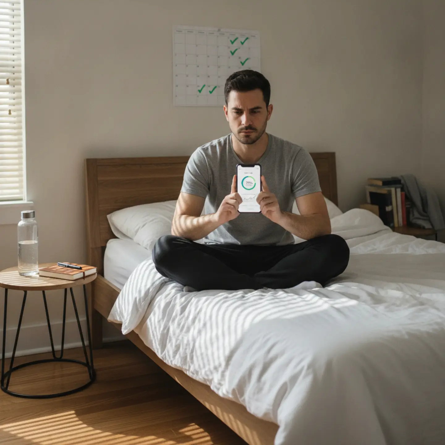 Man checking sobriety tracking app on phone with determination and focus