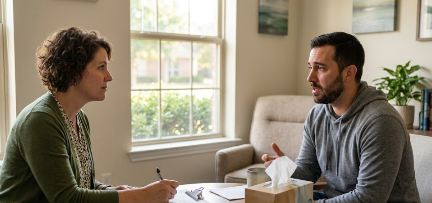 Counselor and client discussing accountability in transitional housing support
