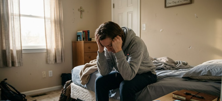 Person managing cravings in bedroom with recovery tools visible
