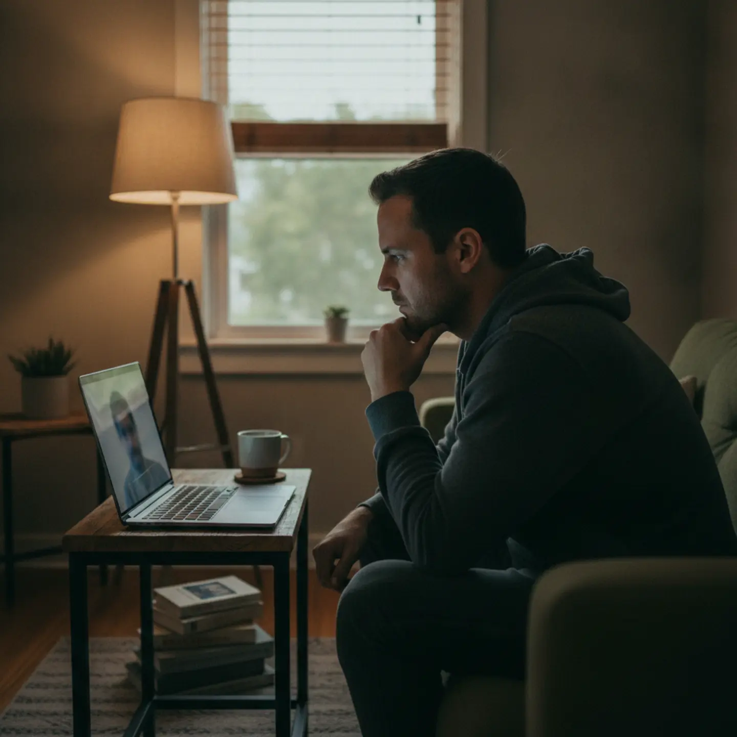 Man in recovery participating in online therapy session via video counseling platform