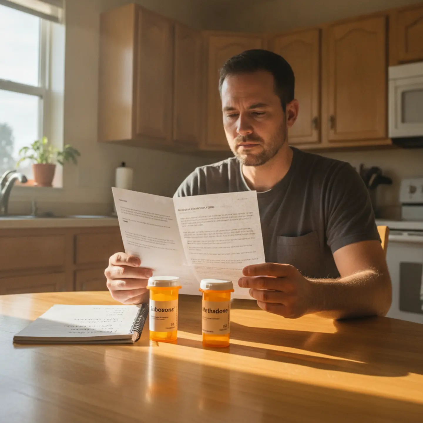 Man reviewing medication documents comparing Suboxone vs Methadone treatment options