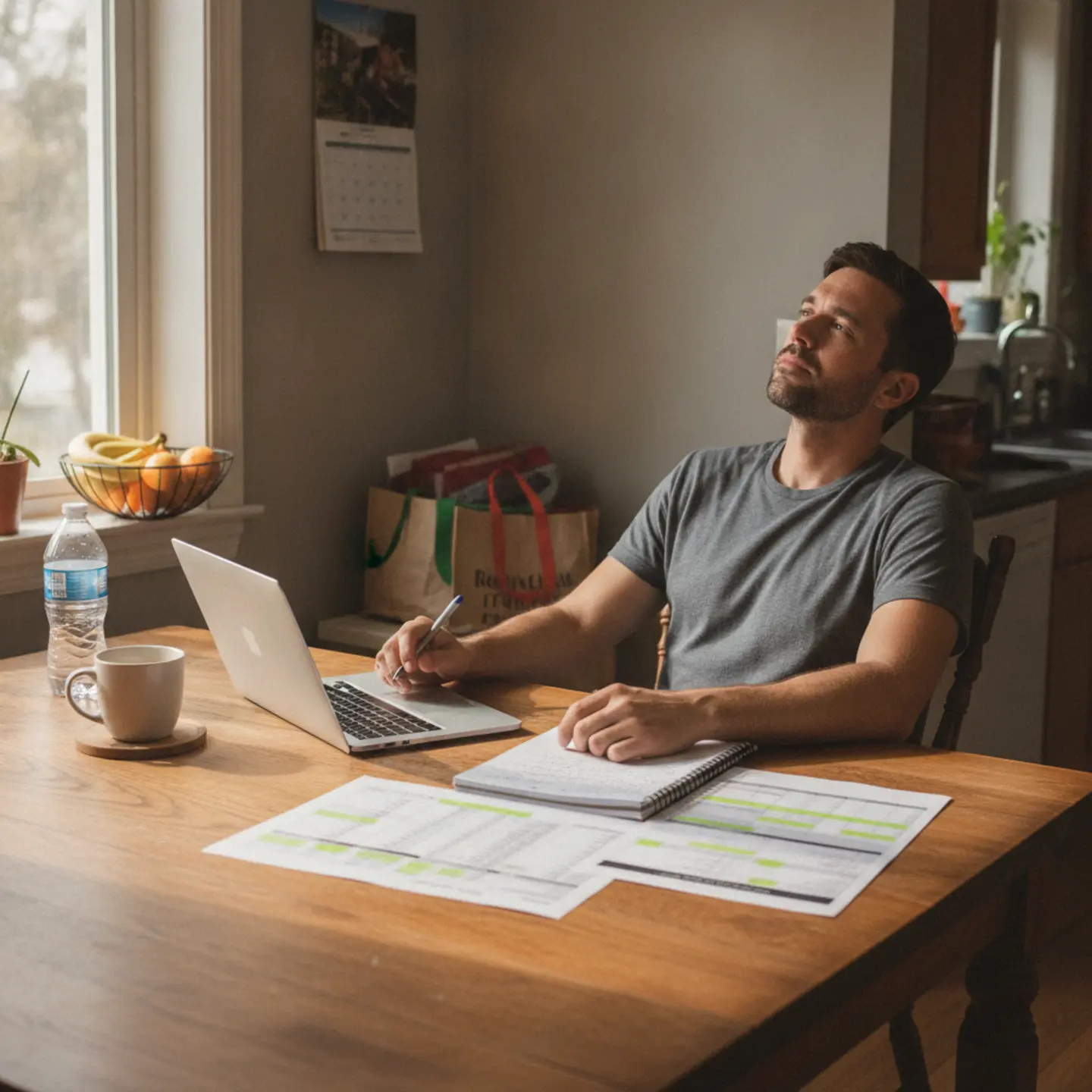 Man reviewing therapy platform costs and options at kitchen table with laptop and comparison documents