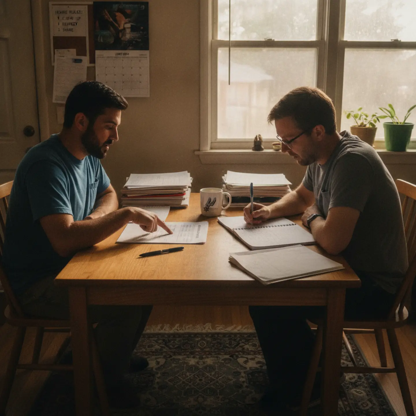 Two men comparing recovery housing options at a kitchen table with cost documents