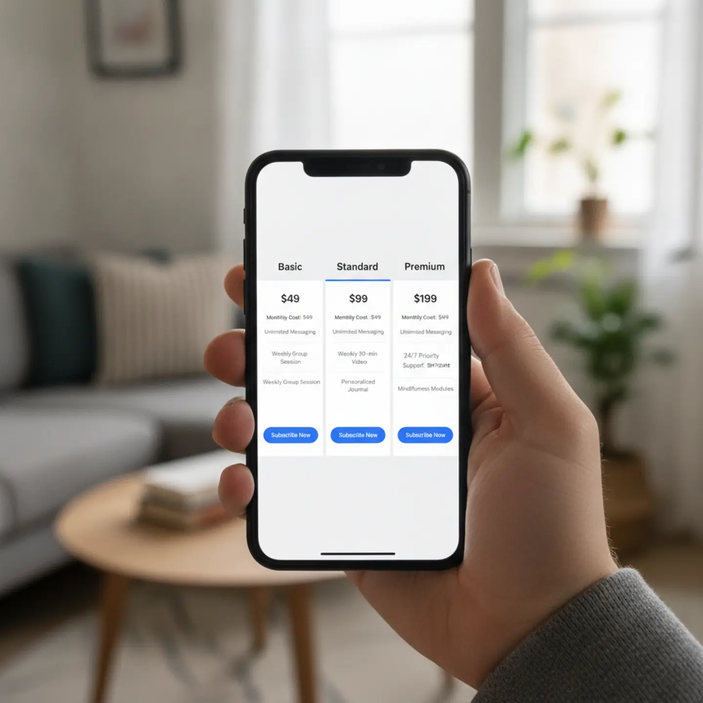 Subscription counseling app pricing tiers on smartphone screen