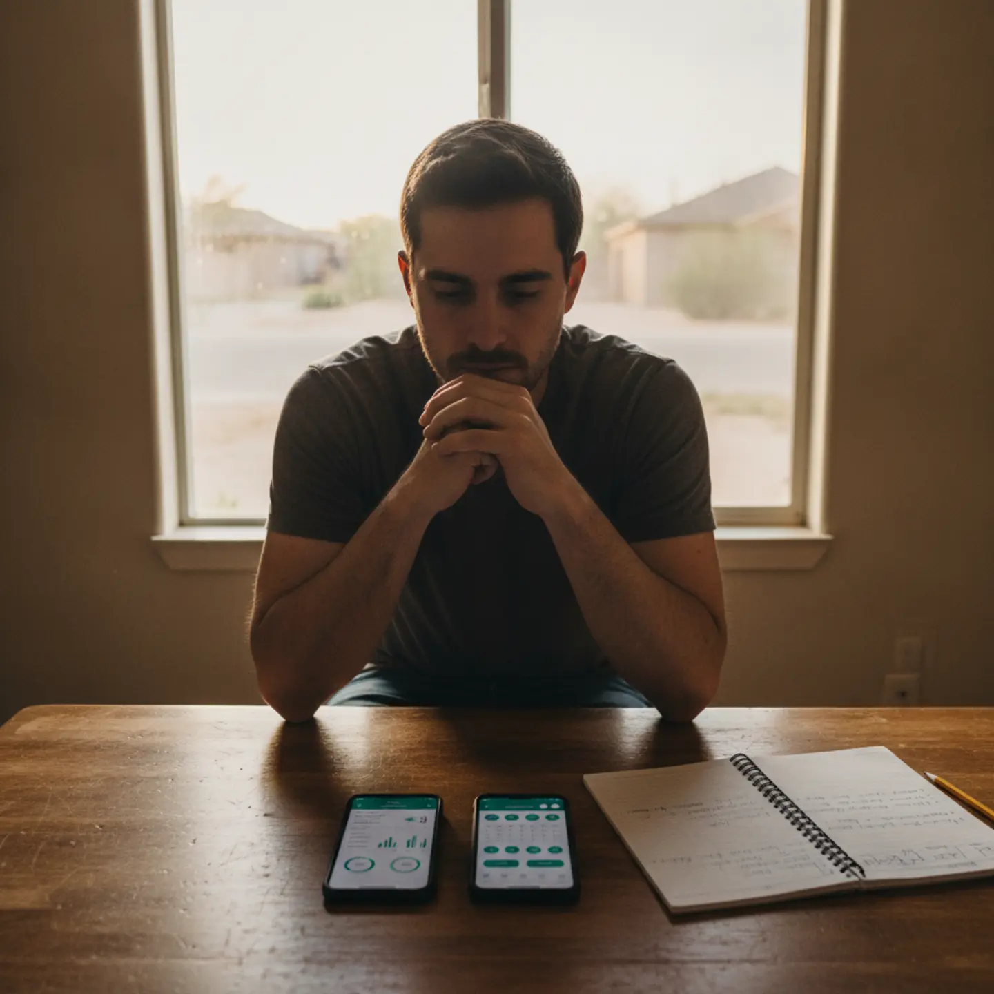 Man comparing recovery apps on two phones at kitchen table, evaluating Workit Health vs Quit Genius