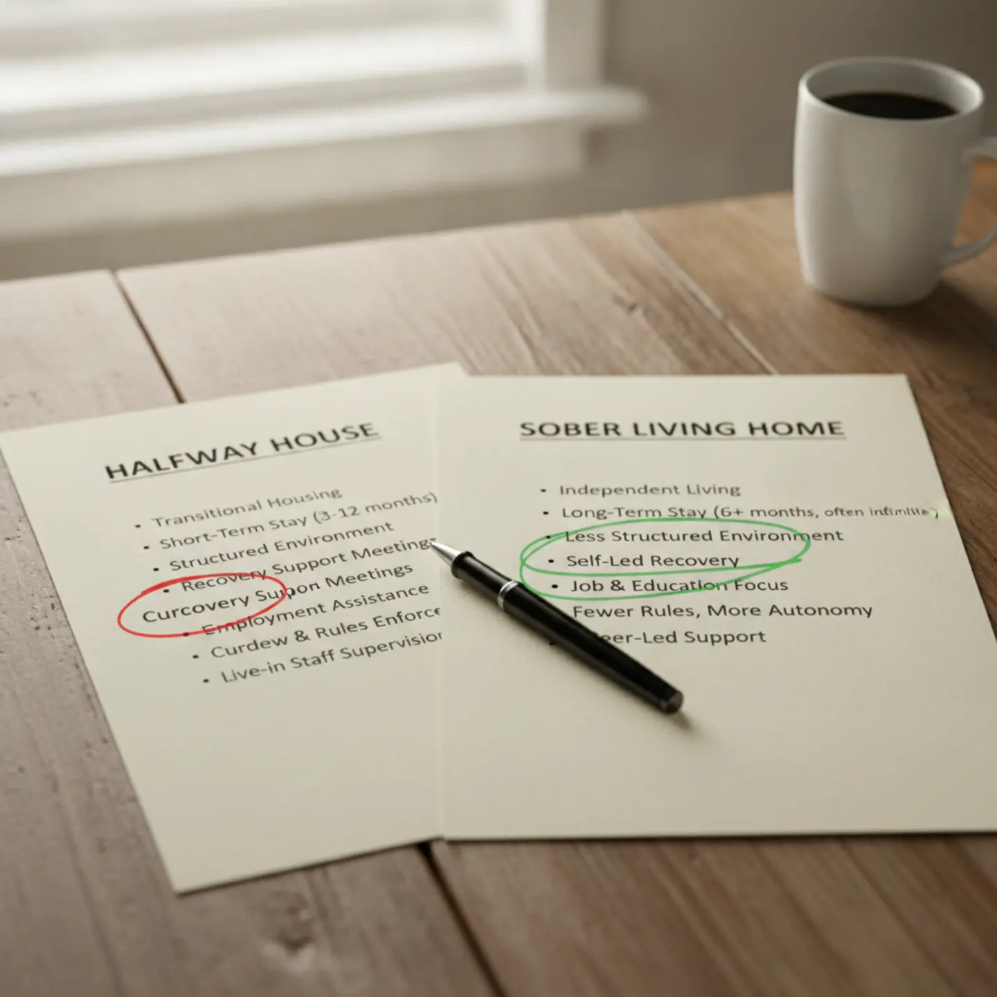 Comparison documents showing differences between halfway house and sober living home definitions