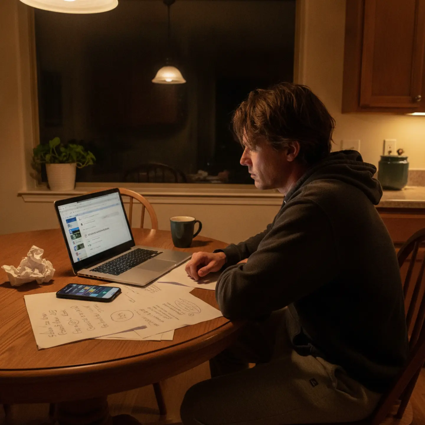 Spouse searching for sober living options on laptop at night, San Antonio recovery housing