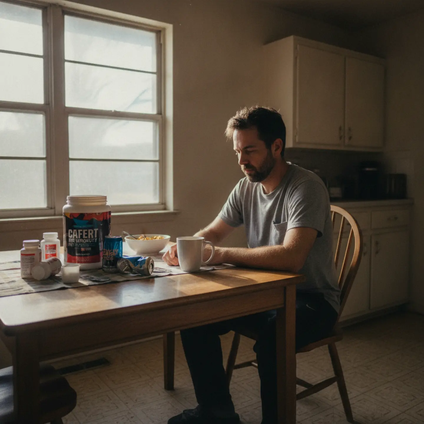 Man at kitchen table surrounded by OTC stimulant bottles, recognizing addiction signs