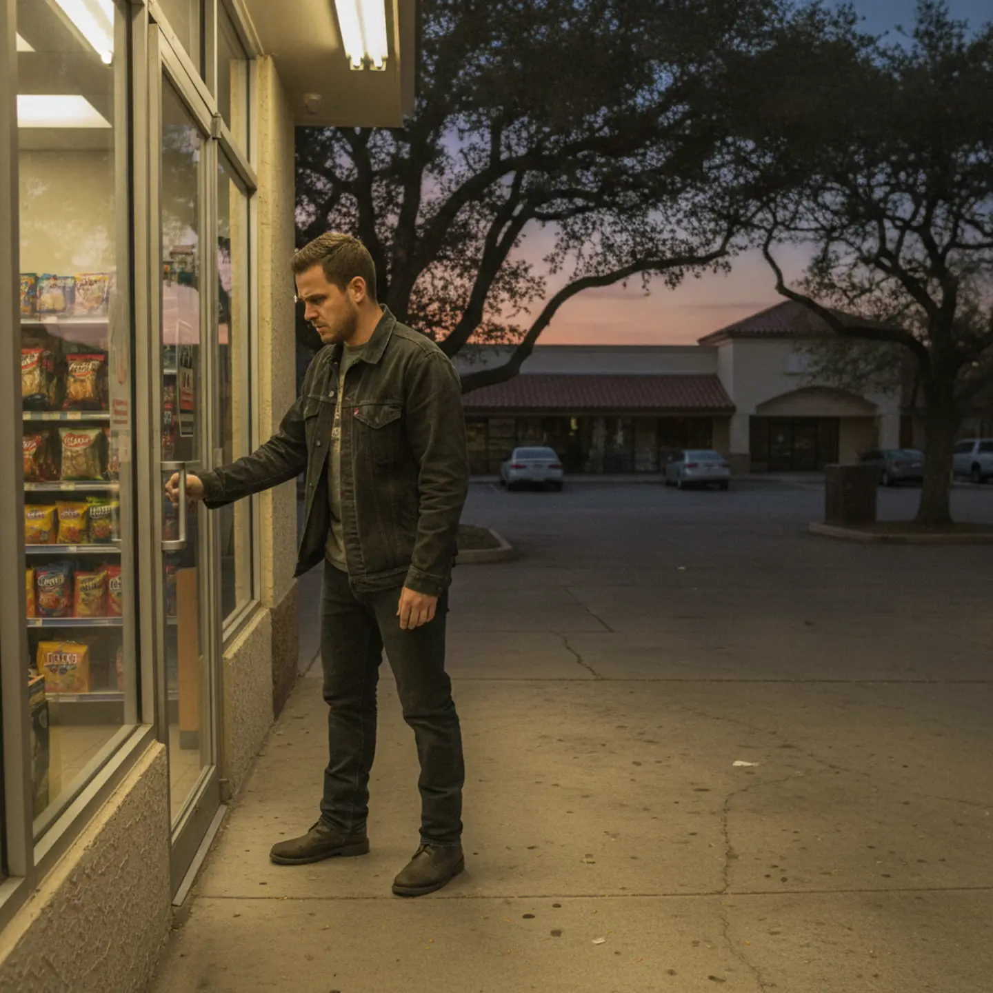 Man hesitating at convenience store door during early recovery from addiction